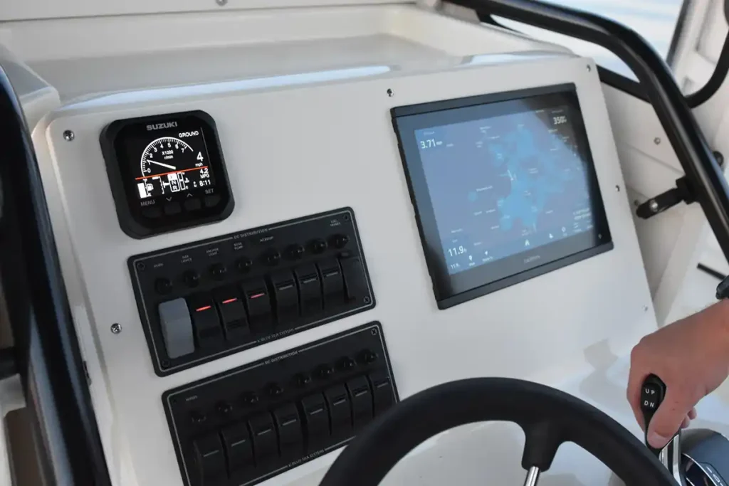 Close-up of the console of the Winnipeg Yawl 23